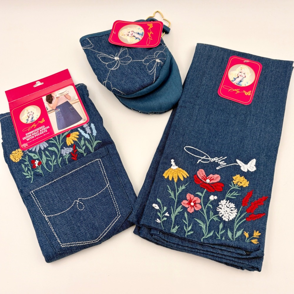Dolly Parton Embroidered Denim Kitchen Set Apron 2 Towels Mini Mitt Floral NWT